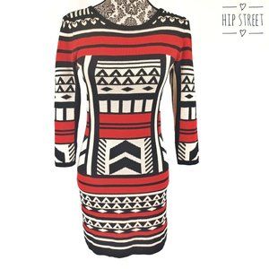 T/O Scoop Neck 3/4 Sleeve Native Print Sweater Dress S